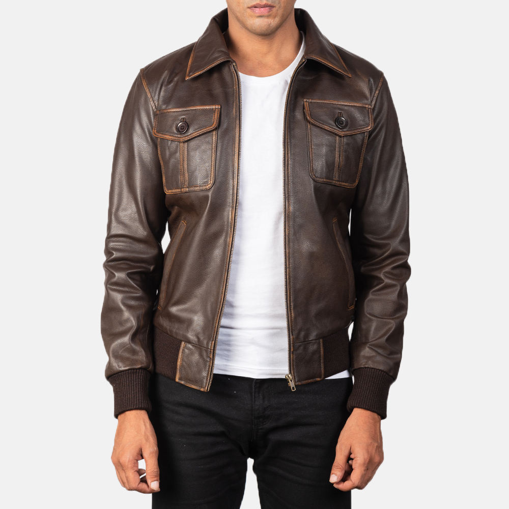 mens aaron distressed brown leather bomber jacket mens aaron distressed brown leather bomber jacket