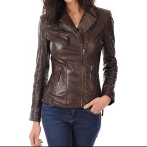 brown women leather jacket
