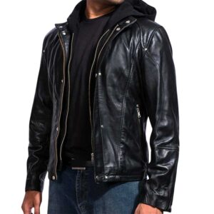 Home black hooded leather jacket