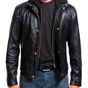 Home black hooded leather jacket