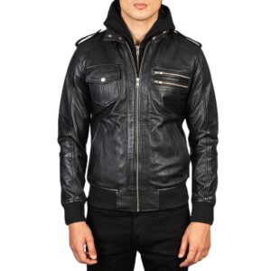Home leather bomber jacket with hood