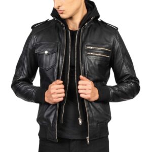 Home leather bomber jacket with hood