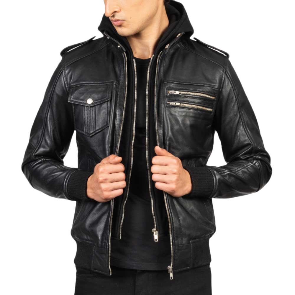 leather bomber jacket with hood leather bomber jacket with hood